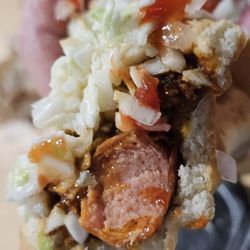 Cook Out - Close-up of a Cook Out Hot Dog. The meat is fresh and the perfect texture.