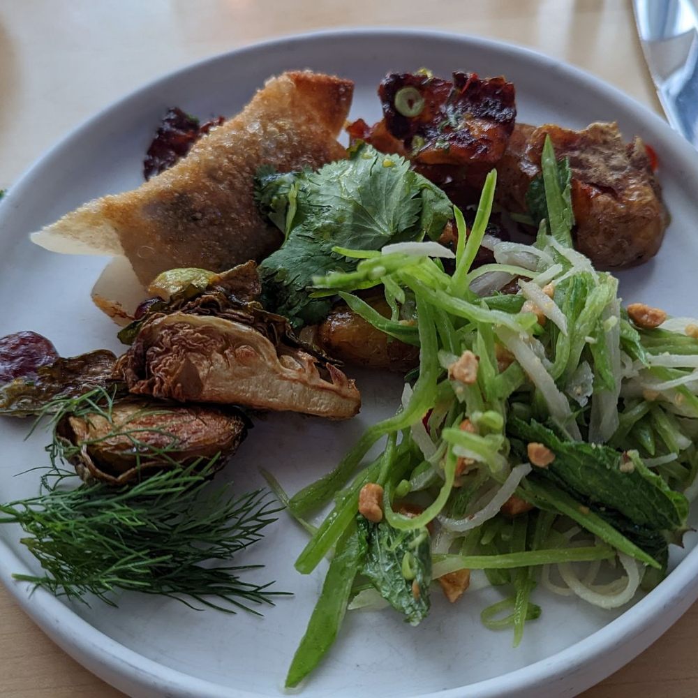 Goosefeather - Brussels, shaved snow pea salad, beef potstickers and crispy fingerlings - Cantonese Near Me - Tarrytown, New York Goosefeather - Brussels, shaved snow pea salad, beef potstickers and crispy fingerlings - Cantonese Near Me - Tarrytown, New York