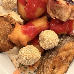 Hibachi Grill & Supreme Buffet - Fried tilapia, stuffed shrimp, desert balls, sweet and sour chicken, stuffed crab, pork skewer