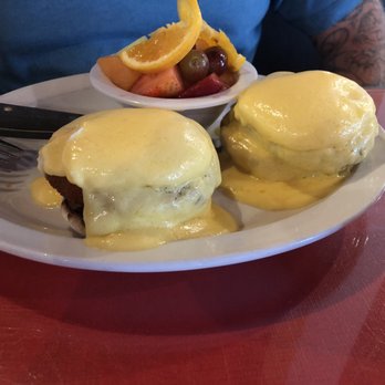 Mo's Egg House - Crab cake Benedict with fruit...delicious!! - Breakfast & Brunch Near Me - Temecula, California Mo's Egg House - Crab cake Benedict with fruit...delicious!! - Breakfast & Brunch Near Me - Temecula, California