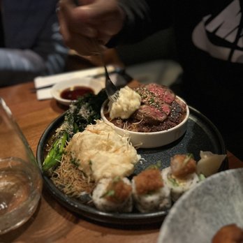 Earls Kitchen + Bar - Rib-eye w Crispy Shrimp Roll, broccoli & mashed potato's - New American Near Me - Bellevue, Washington Earls Kitchen + Bar - Rib-eye w Crispy Shrimp Roll, broccoli & mashed potato's - New American Near Me - Bellevue, Washington