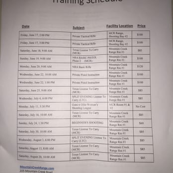 Mountain Creek Range - Summer 2016 Range Training Schedule - Firearm Training Near Me - Killeen, Texas