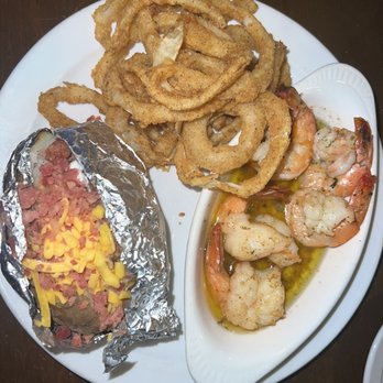 McBride's Steakhouse - 5 Piece Gulf Shrimp Scampi, Loaded Baked Potato, & Onion Rings - Steakhouses Near Me - Wichita Falls, Texas