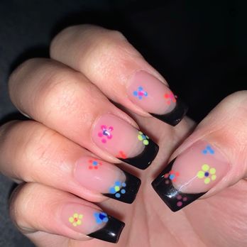 Revive Lash and Nail - black gel x french tips with colorful flowers - Eyelash Service Near Me - San Diego, California