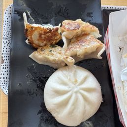 Pork and green peppers and basil chicken fried dumplings and roasted pork bun