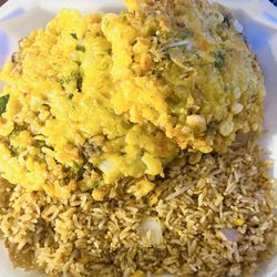 Chinese American House - Egg Foo Young with Egg Fried Rice.