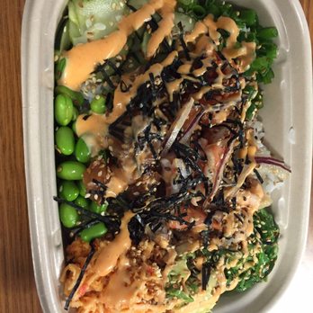 Poke Bistro - spicy salmon & shrimp tossed with onion & ponzu sauce on top of white rice & almost all the toppings with spicy mayo drizzled on top.. yum! - Seafood Near Me - Riverside, California