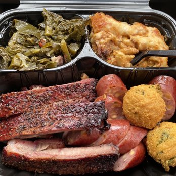 The Slow Bone - Ribs, Cheddar Jalapeño Sausage, Greens, Chili Mac n Cheese, Hush Puppies - Barbeque Near Me - Dallas, Texas