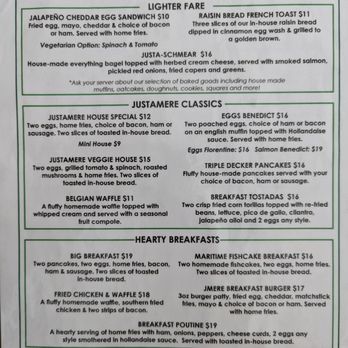 Justamere Cafe & Bistro - Breakfast menu, as of Aug 2023 - Canadian (New) Near Me - Antigonish, Nova Scotia Justamere Cafe & Bistro - Breakfast menu, as of Aug 2023 - Canadian (New) Near Me - Antigonish, Nova Scotia