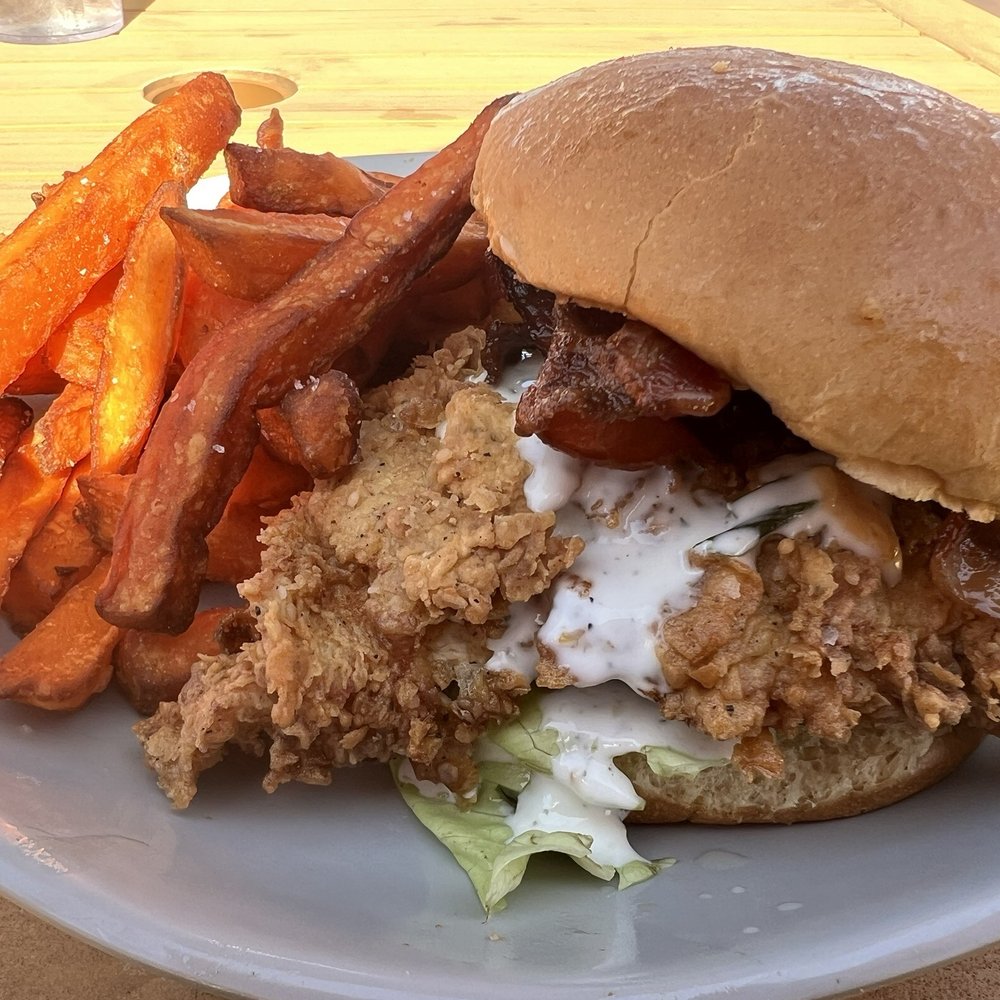 Chicken N Pickle - Fried pimento cheese chicken with sweet potato fries - American Near Me - Oklahoma City, Oklahoma Chicken N Pickle - Fried pimento cheese chicken with sweet potato fries - American Near Me - Oklahoma City, Oklahoma