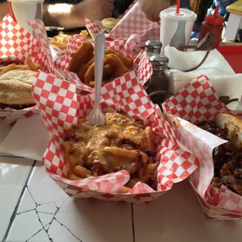 Broadway Cafe - Pulled pork chili fries and a bacon avocado burger with onion rings - Burgers Near Me - Big Bear City, California