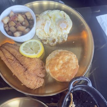 Uncle Butch Chicken and Waffles - Catfish with over easy eggs with biscuits and potatoes . - Southern Near Me - Conyers, Georgia Uncle Butch Chicken and Waffles - Catfish with over easy eggs with biscuits and potatoes . - Southern Near Me - Conyers, Georgia