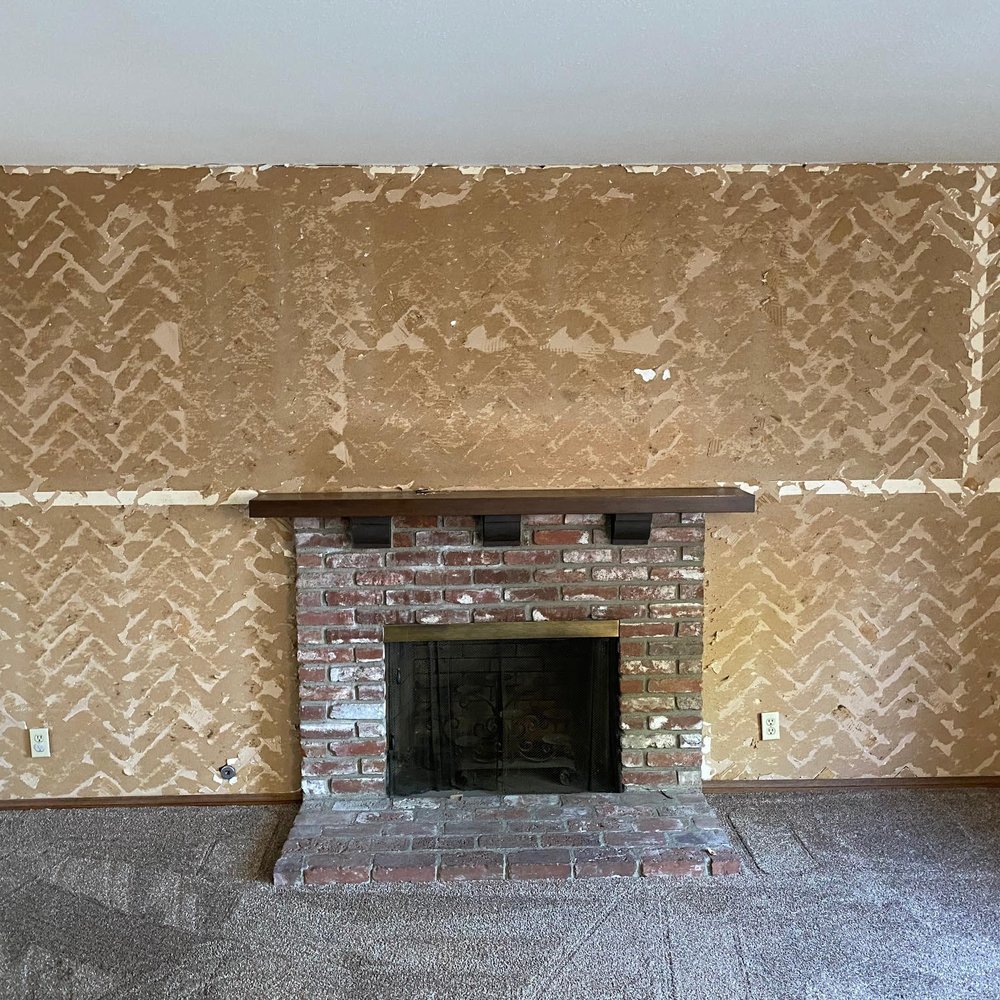 Patchwork's Plastering & Patching Specialists - Before: wall after wood panelling removed - Stucco Services Near Me Patchwork's Plastering & Patching Specialists - Before: wall after wood panelling removed - Stucco Services Near Me