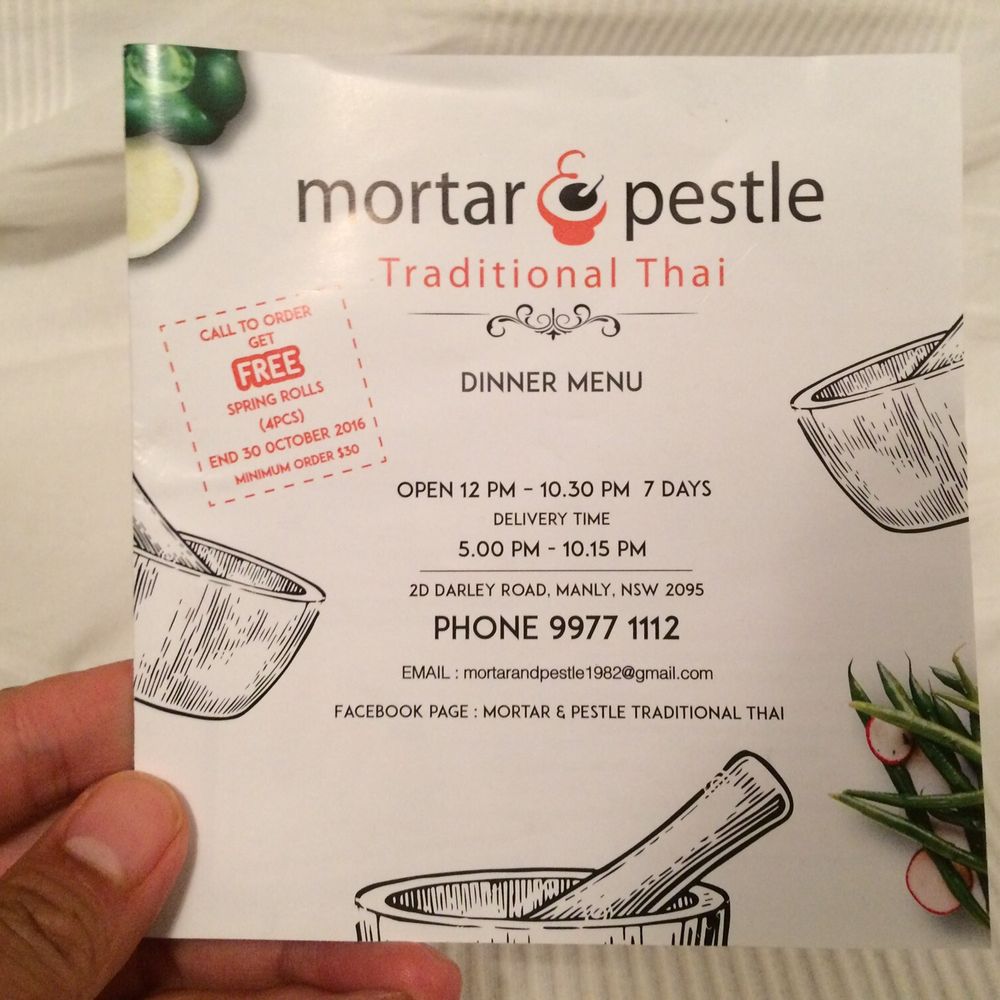 Mortar & Pestle Thai - Dinner menu (February 2018) - Thai Near Me - Manly, NSW