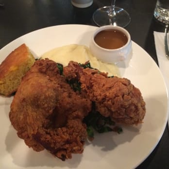 Vaudeville - Buttermilk fried chicken with jalapeño corn bread, mashed potatoes, and sautéed greens with bacon. - New American Near Me - Fredericksburg, Texas