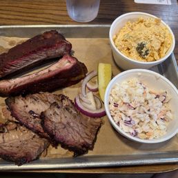 Ribs, fatty sliced brisket, cole slaw, and jalapeno pasta salad