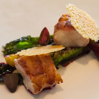 Per Se - Bacon-wrapped Scottish langoustines, roasted hearts of romaine, black winter truffle, parmesan crisps and red beet essence - French Near Me - New York, New York