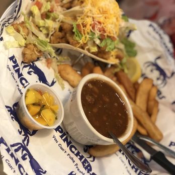 Pinchers - Fish Tacos with fries and Baked beans. - Seafood Near Me - Fort Myers, Florida