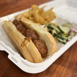 Manic Meatballs - Italian Manic Meatball Sandwich Meal with seaside fries & cucumber salad.