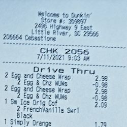 Dunkin - Breakfast receipt