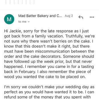 Mad Batter Bakery and Confections - The owner's original response, acknowledgement of the mistake, and apology - Donuts Near Me - Saint Charles, Illinois