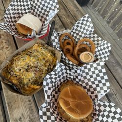Skinny's Hamburgers - Skinny's fries with cheese, onion rings, 1/2 lb burger, steak sandwich