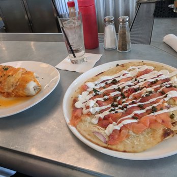 Boon Fly Cafe - Breakfast burrito and salmon and capers flatbread. - American Near Me - Napa, California