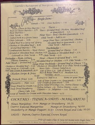 Menu photo 3 Castillo's Mexican Restaurant Mariposa, CA