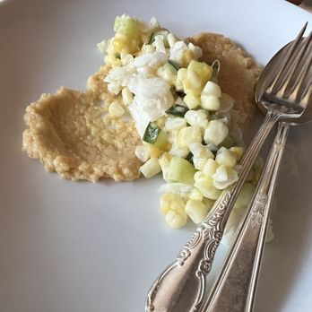 Cascina Spinasse - Insalata Dimais (Corn and cucumber salad with chickpea puree and smoked trout.) - Italian Near Me - Seattle, Washington