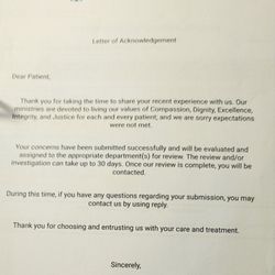 Facey Medical Group - Canyon Country - Providence's acknowledgement letter as a result of my filed dispute.