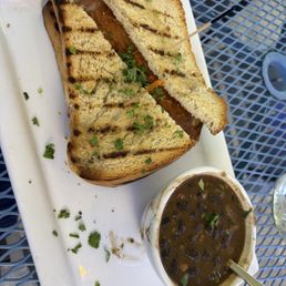 Vegan grilled cheese with black bean soup