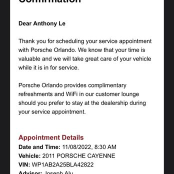 Porsche Orlando - Email confirmation and reasoning for my visit - Car Dealers Near Me - Maitland, Florida