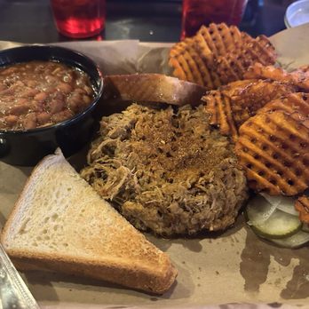 Mac's Speed Shop - Pulled pork with sweet potato fries and beans - Barbeque Near Me - Raleigh, North Carolina Mac's Speed Shop - Pulled pork with sweet potato fries and beans - Barbeque Near Me - Raleigh, North Carolina