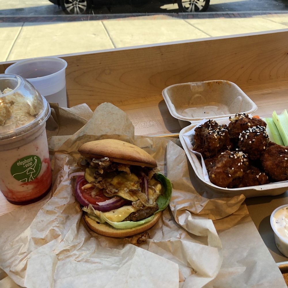 Elephant And Vine - BBQ burger, mango chilli cauliflower bites and a strawberry and cream shake - Vegan Near Me - Evanston, Illinois