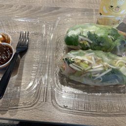 Spring rolls with tofu and veggies. Peanut sauce on the side. Fork was needed as they get messy.