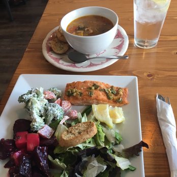 Cafe 1217 - Salmon, broccoli salad, beet salad.  You get to choose 3 , also got a bowl of Confetti vegetable soup - New American Near Me - Hot Springs, Arkansas