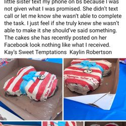 Kay’s Sweet Temptations - $250 baby shower cake fail. Refused to compensate, refund, and was rude. No cake board! Greasy. Do not trust this lady!