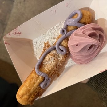 Knott's Berry Farm - Deep Fried Churro with Boysenberry Bavarian Cream and Boysenberry Soft Serve - Amusement Parks Near Me - Buena Park, California Knott's Berry Farm - Deep Fried Churro with Boysenberry Bavarian Cream and Boysenberry Soft Serve - Amusement Parks Near Me - Buena Park, California