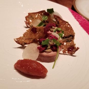 Sorrel - FOIE GRAS TORCHON: pumpkin seed, raspberry, sunflower sprout, quince jam ($26) - New American Near Me - San Francisco, California Sorrel - FOIE GRAS TORCHON: pumpkin seed, raspberry, sunflower sprout, quince jam ($26) - New American Near Me - San Francisco, California