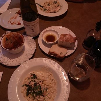 Bocci's on 7th - Fettuccine Alfredo with chicken(split in half), focaccia, bottle of Riesling,  1 giant meatball. - Italian Near Me - Portland, Oregon