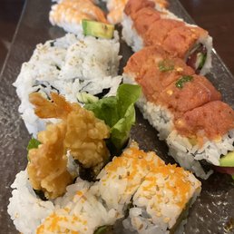 Starting from the back- Ebi, Tuna-nator, Avocado Cucumber Roll, Shrimp Tempura Roll. Starting from the back- Ebi, Tuna-nator, Avocado Cucumber Roll, Shrimp Tempura Roll.