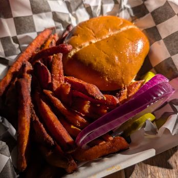 The Brick - veggie burger w/ sweet potato fries to-go - American Near Me - Kansas City, Missouri The Brick - veggie burger w/ sweet potato fries to-go - American Near Me - Kansas City, Missouri