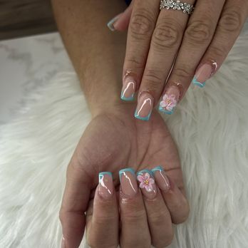 The Nail Grove - Acrylic- blue French tip- sculpted flower - Nail Salons Near Me - Tampa Bay, Florida The Nail Grove - Acrylic- blue French tip- sculpted flower - Nail Salons Near Me - Tampa Bay, Florida