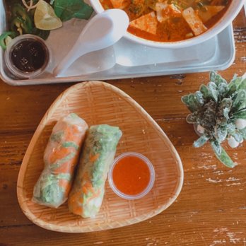 Cris and John - Angry pho with tofu and fried tofu spring rolls with sweet and sour sauce (both vegan) - Vietnamese Near Me - Dallas, Texas Cris and John - Angry pho with tofu and fried tofu spring rolls with sweet and sour sauce (both vegan) - Vietnamese Near Me - Dallas, Texas
