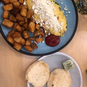 Mornings Breakfast & Brunch - Build Your Own Omelette (goat cheese, tomato, spinach, and mushroom), potatoes, and biscuit - Breakfast & Brunch Near Me - Indianapolis, Indiana Mornings Breakfast & Brunch - Build Your Own Omelette (goat cheese, tomato, spinach, and mushroom), potatoes, and biscuit - Breakfast & Brunch Near Me - Indianapolis, Indiana