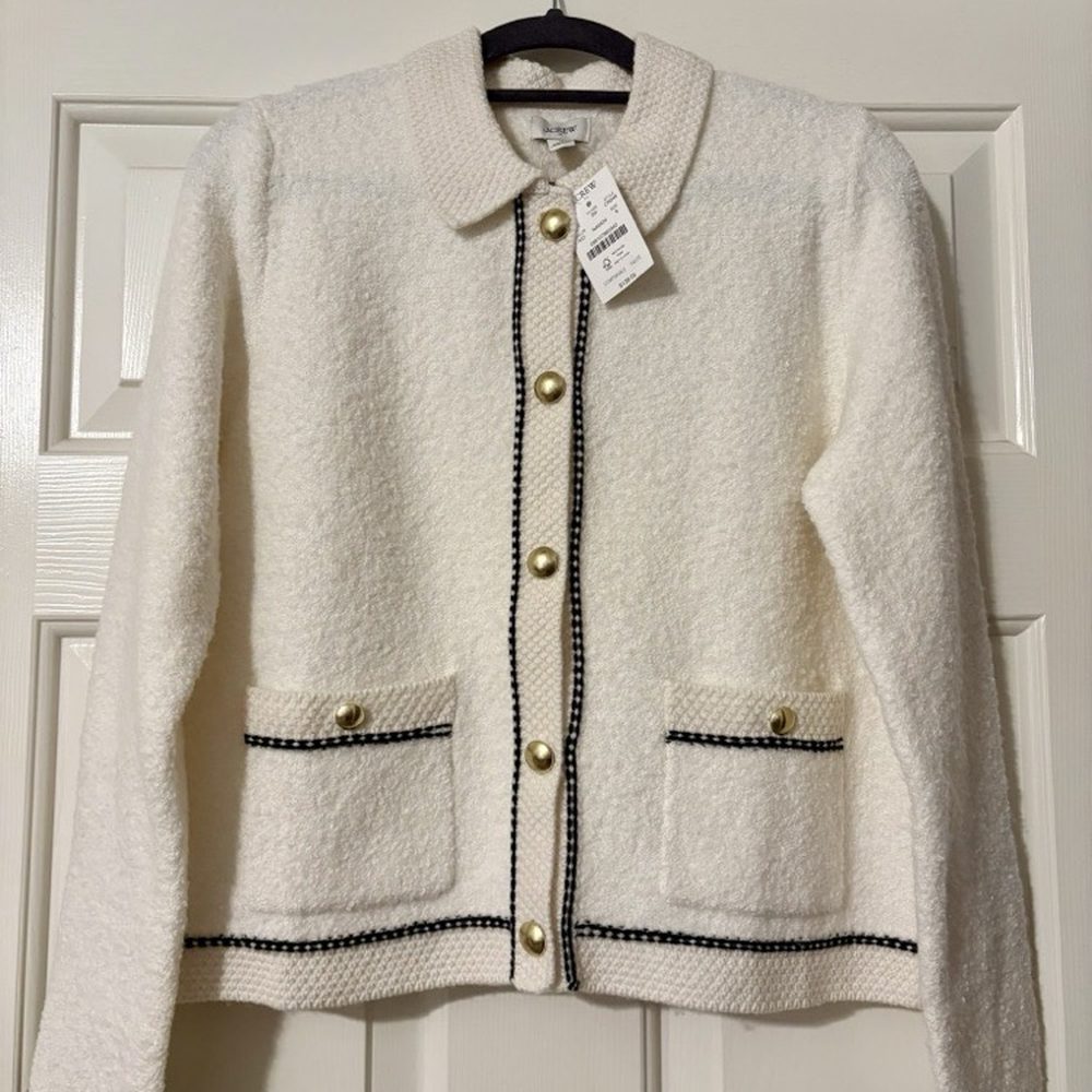 J.Crew Factory - Fall 2025, Boucle Cardigan with gold metal buttons, ivory with navy trim. - Accessories Near Me - Chandler, Arizona