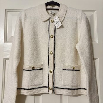 J.Crew Factory - Fall 2025, Boucle Cardigan with gold metal buttons, ivory with navy trim. - Accessories Near Me - Chandler, Arizona