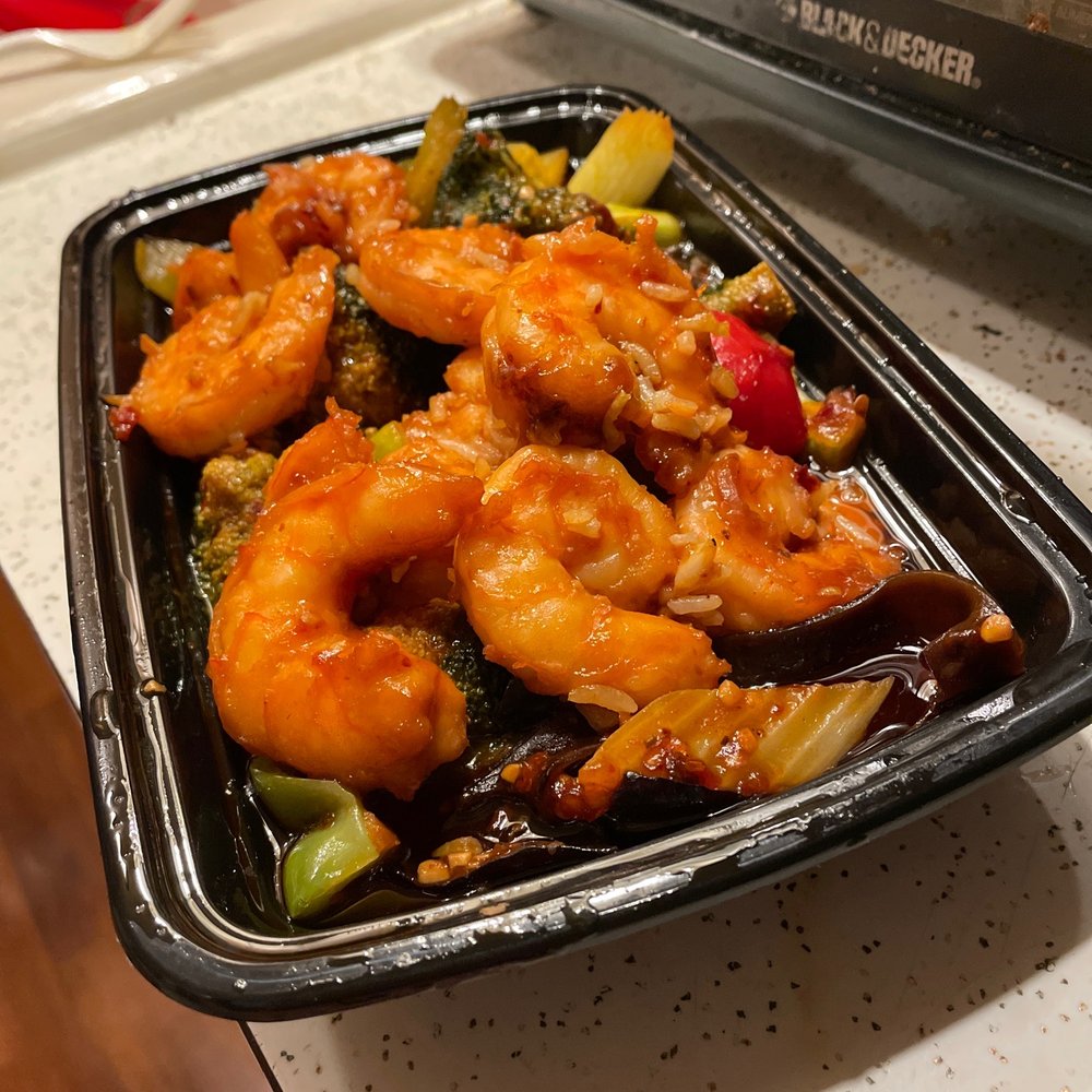 Han Noodle Bar - What's supposed to be garlic shrimp that smells and tastes spicier than the Szechuan Chicken we also got - Chinese Near Me - Rochester, New York