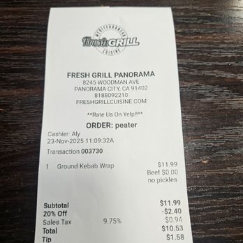 Fresh Grill Mediterranean - My receipt - Persian/Iranian Near Me - Los Angeles, California Fresh Grill Mediterranean - My receipt - Persian/Iranian Near Me - Los Angeles, California