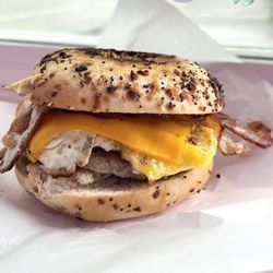 Top Off Espresso - Fresh made Sausage & bacon breakfast sandwich on a every thing bagel #coffee #breakfast